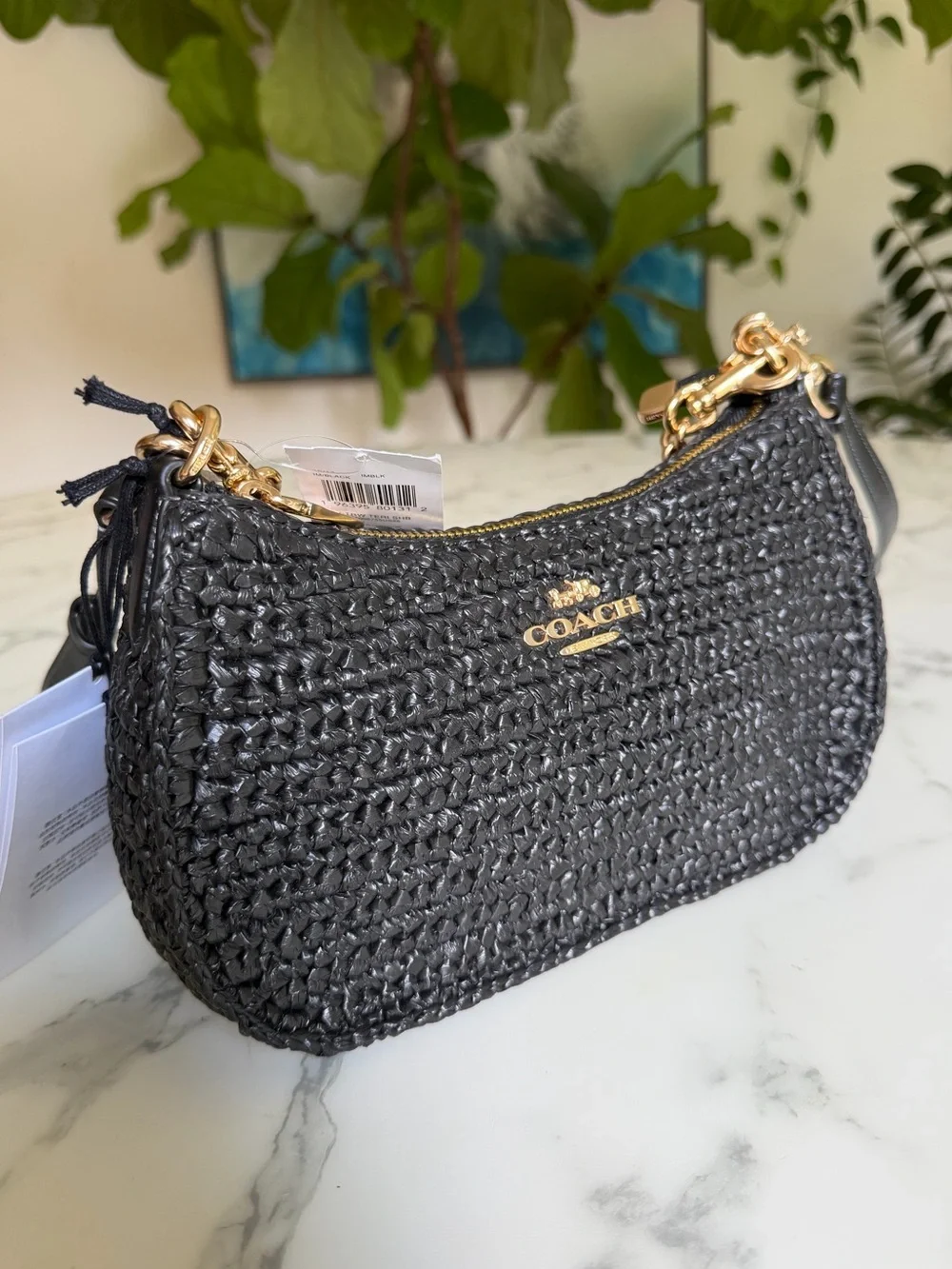 NWT Coach Teri Shoulder Crossbody Bag In Woven Straw & Leather Gold Black CBI17 - Picture 4 of 14
